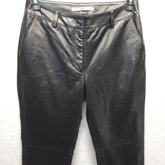 Tommy Hilfiger Vintage Leather Pants Womens 10 Black Lined Y2K Straight Leg - Picture 2 of 16